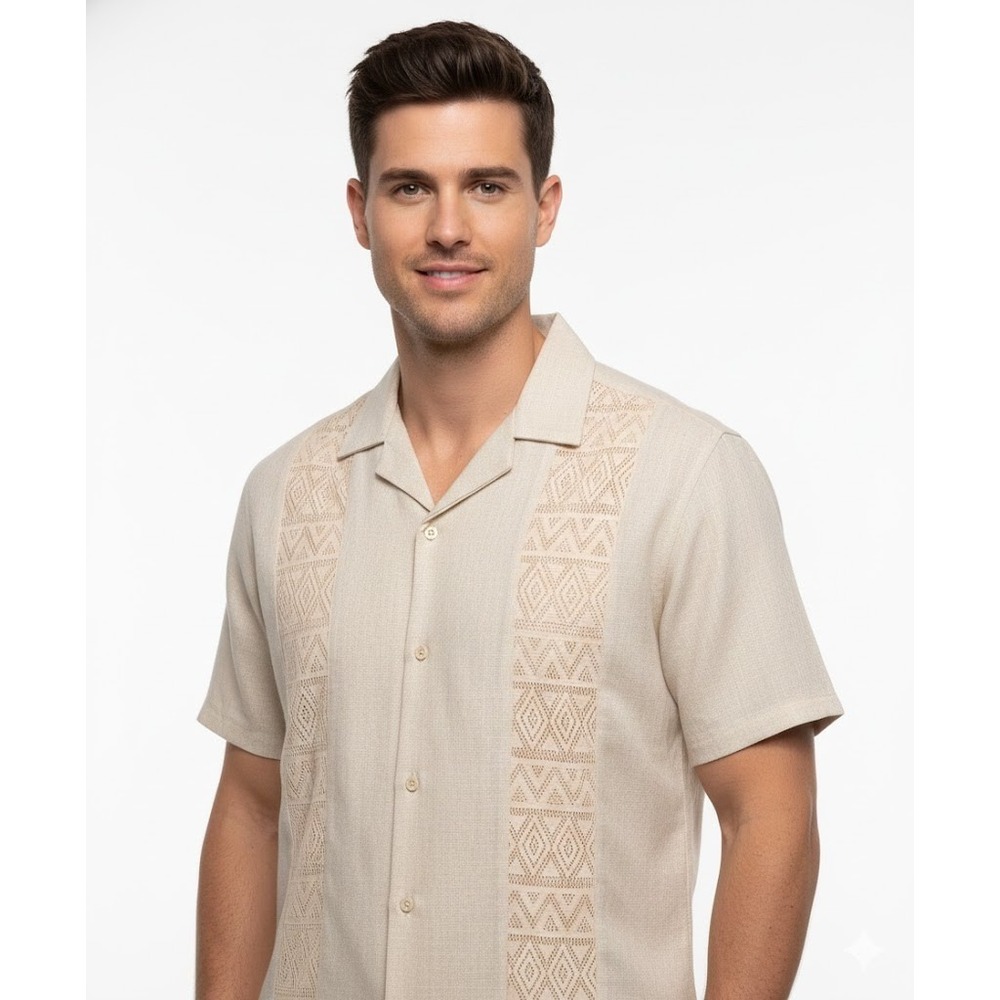 Malibu men's short sleeve guayabera-style shirt in a classic beige , size XL
